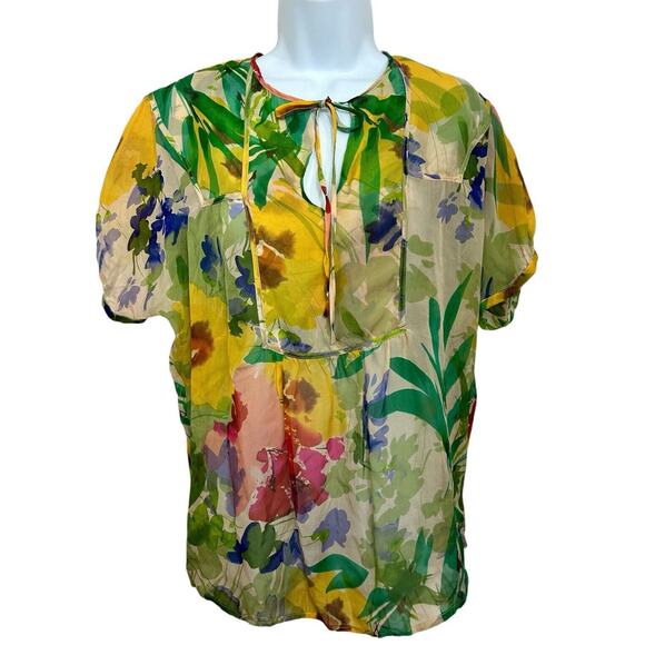 Jenny Han Colorful Watercolor Floral Blouse Sz XS 100% Silk Oversized Semi-Sheer - Picture 2 of 11
